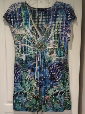 APT. 9 Blue Multi-Print Cap Sleeve Women's Tunic Top